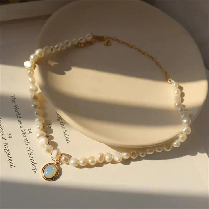 Gold Moonstone Pearl Necklace